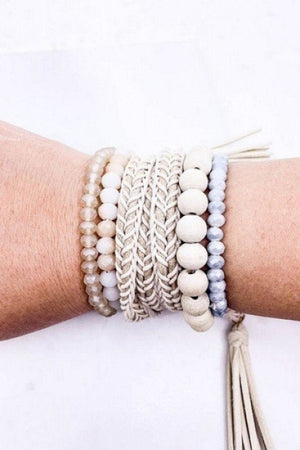 Braided Suede Tassel Wrap Beaded Bracelets-Ivory
