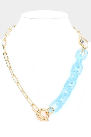 Square Stone Open Oval Resin Link Toggle Necklace-Blue