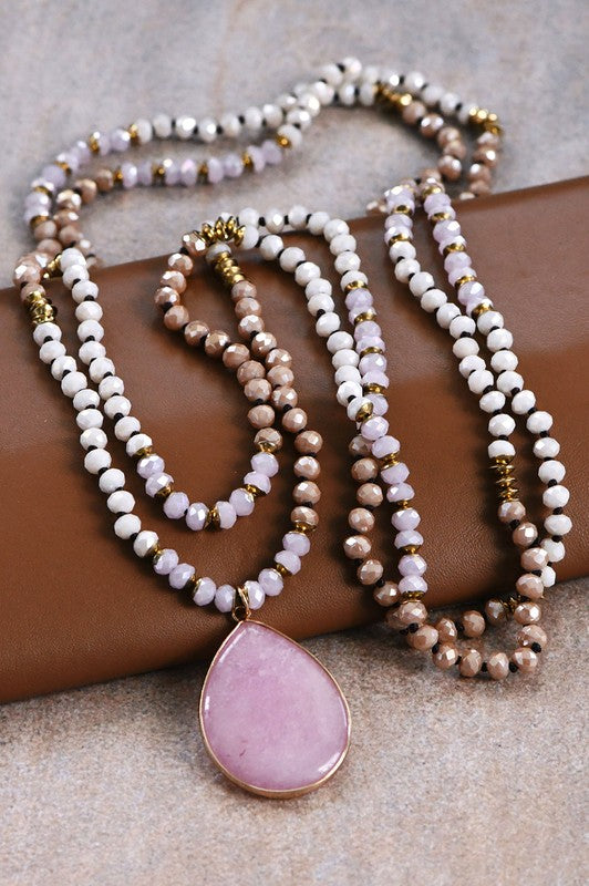 Long Beaded Wrap Necklace with Stone Drop Pendant