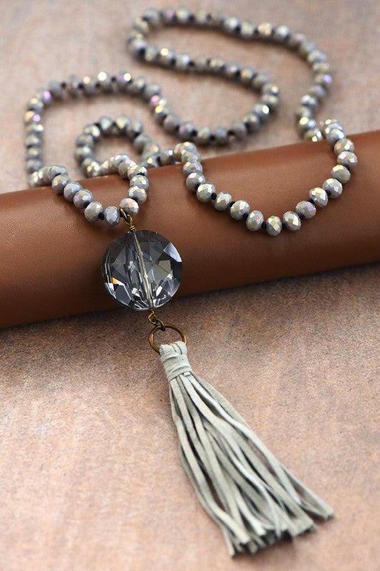 Glass Crystal Pendant Beaded Necklace with Tassel