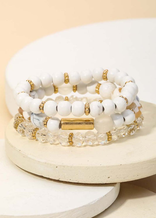 Gold Bar and White Stackable Bracelet Set