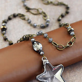 Long Bead Chain Necklace with Crystal Star Pendant