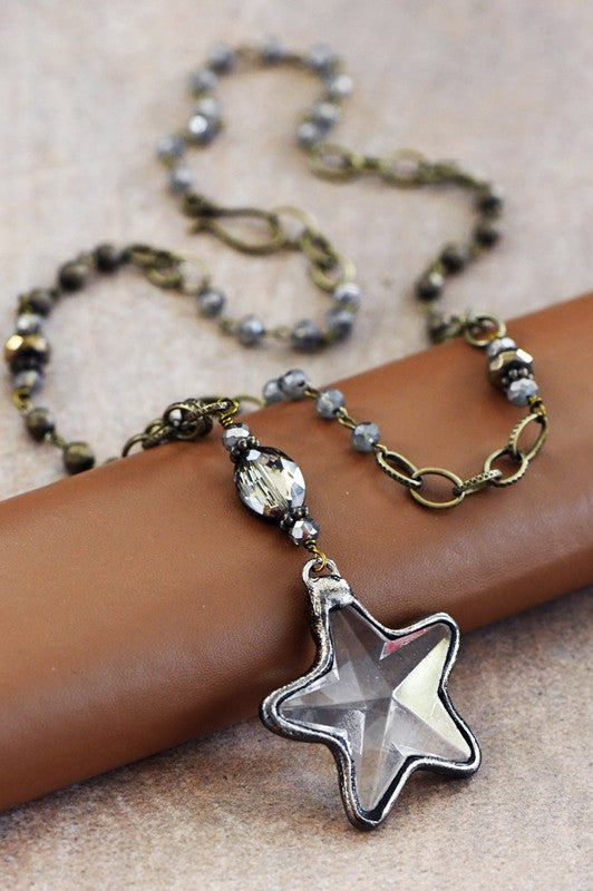 Long Bead Chain Necklace with Crystal Star Pendant