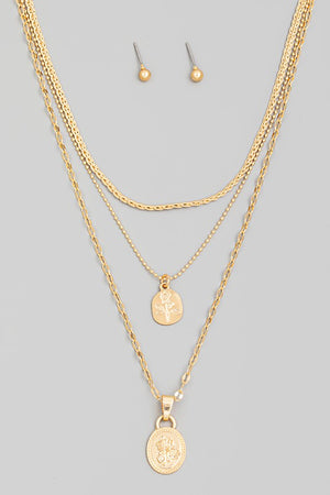 Oval Rose Print Layered Necklace Set