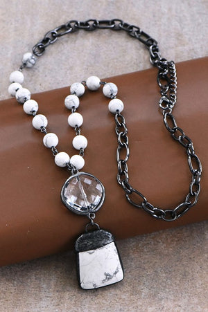 Natural Stone Pendant Beaded Chain Link Necklace