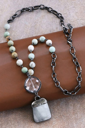 Natural Stone Pendant Beaded Chain Link Necklace