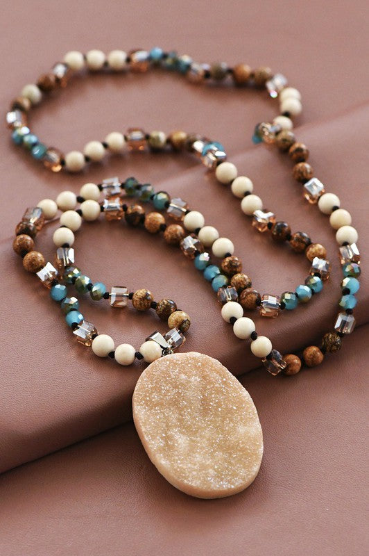 Natural Stone Bead Necklace with Druzy Pendant