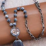 Natural Stone Pendant Beaded Chain Link Necklace