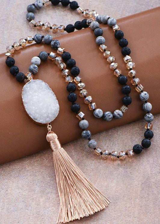 Stone Bead Necklace with Druzy Tassel Pendant
