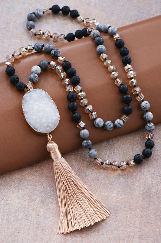 Stone Bead Necklace with Druzy Tassel Pendant