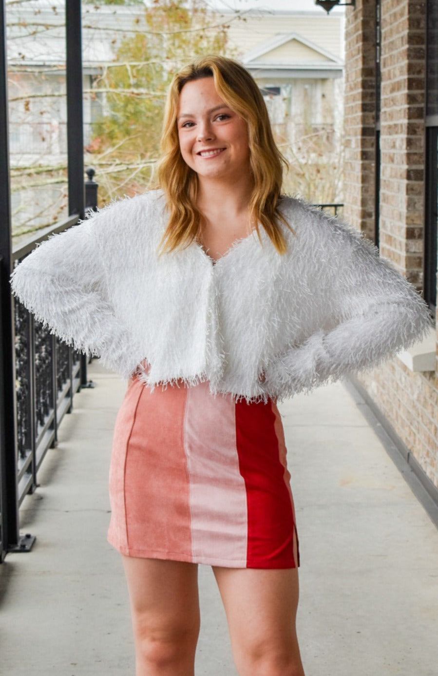 Luxe Moment Feather Cropped Cardigan | Styled View