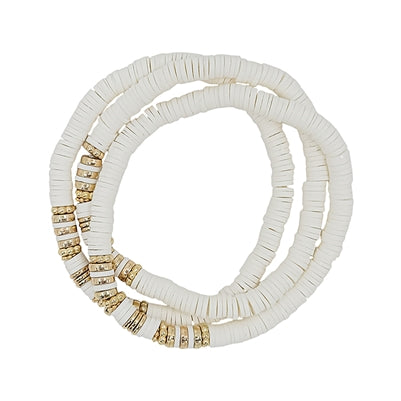White Rubber and Gold Set of Three Stretch Bracelets