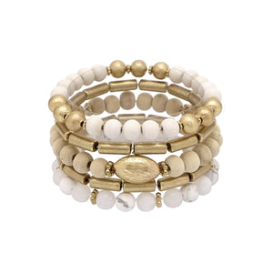 Set of 5 White Stone, Wood, and Gold Stretch Bracelet