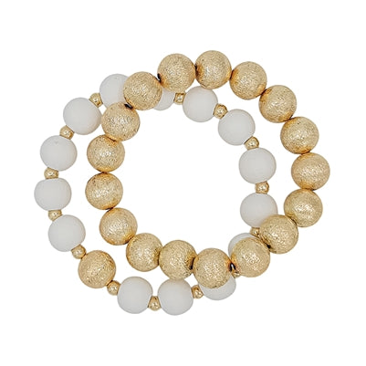 Gold Textured Beaded and White Wood Set of 2 Stretch Bracelets