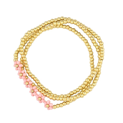Seed Bead Flower and Gold Set of 3 Stretch Bracelets | Pink