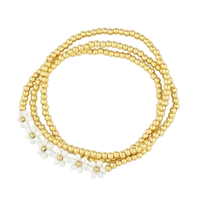 Seed Bead Flower and Gold Set of 3 Stretch Bracelets | White