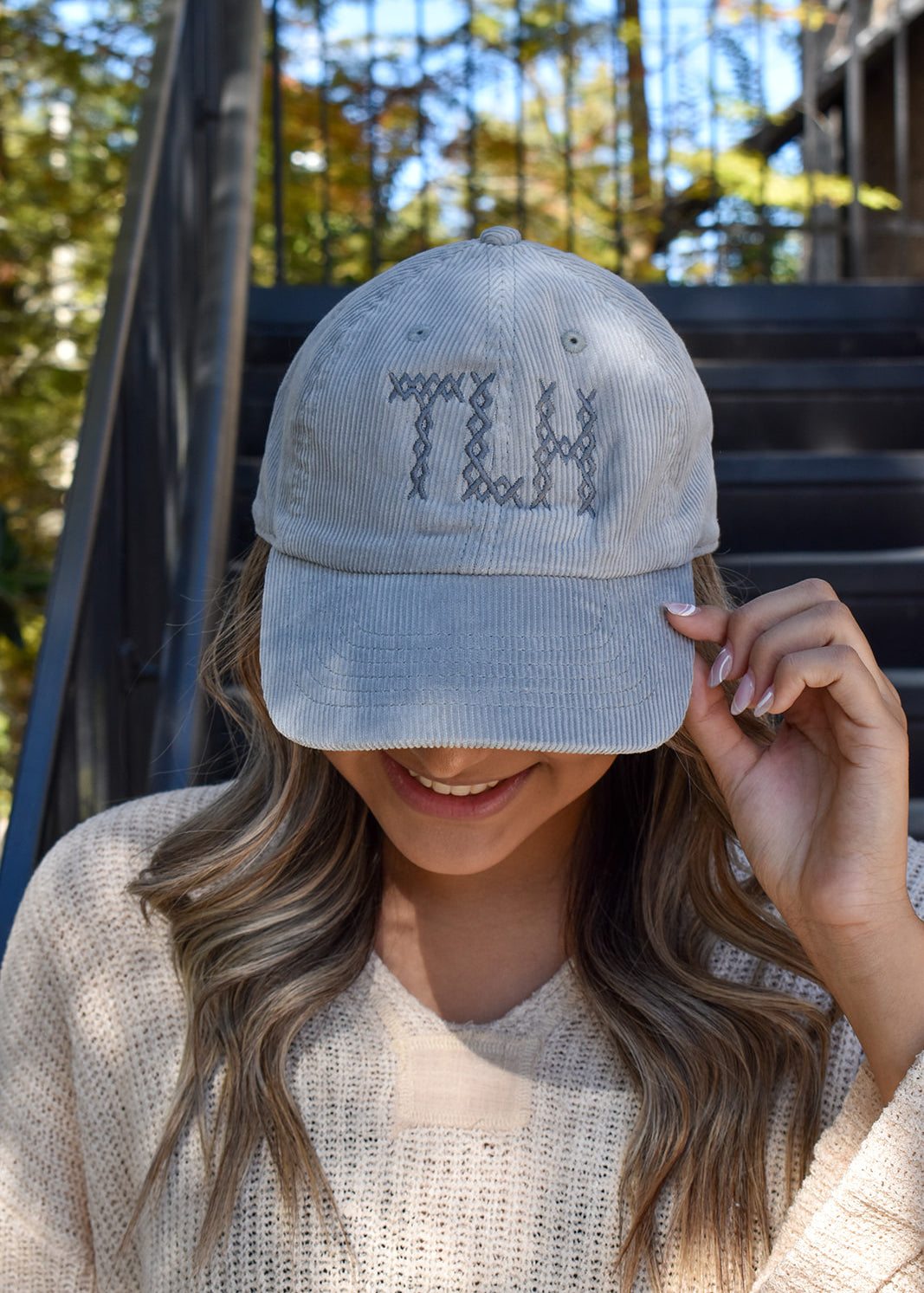 TLH Cross Stitched Corduroy Hat Gray