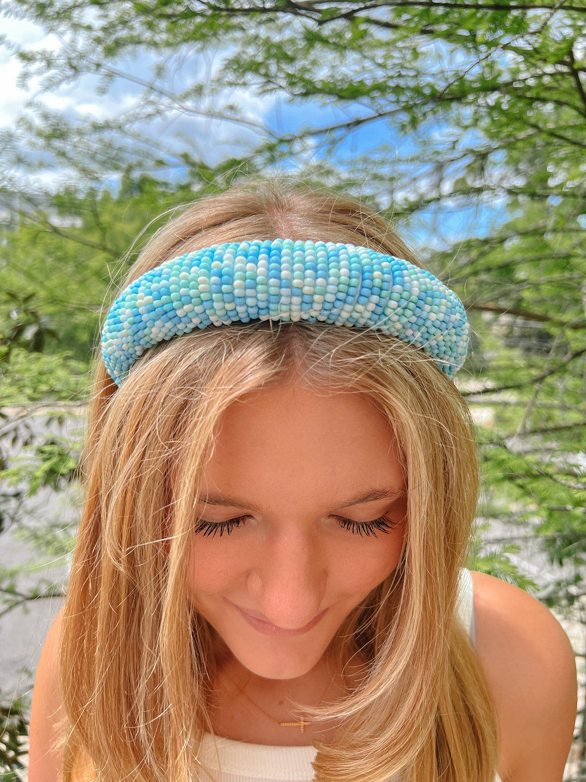 Seed Beaded Padded Headband-Blue | Top View
