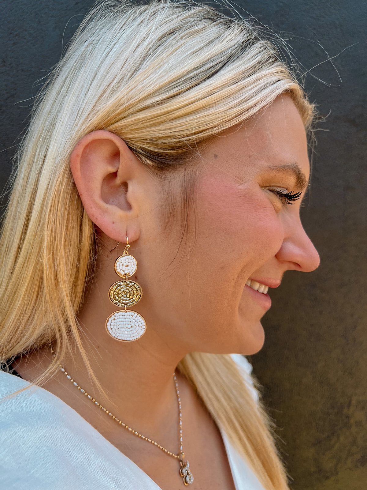 White Seed Bead and Gold Beaded 3 Drop Earrings | Front View