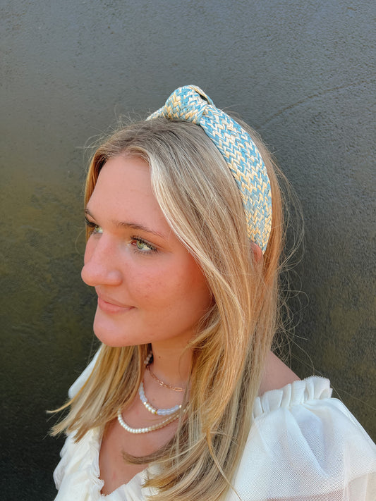 Summer Straw Weaving Top Knotted Headband | Blue