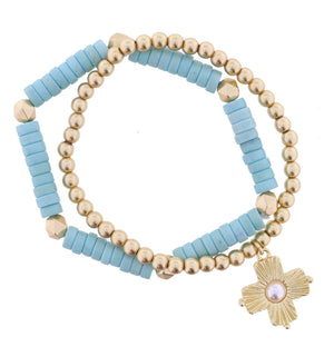 Turquoise Stone Gold Beaded Pearl Sunray Cross Bracelet Set