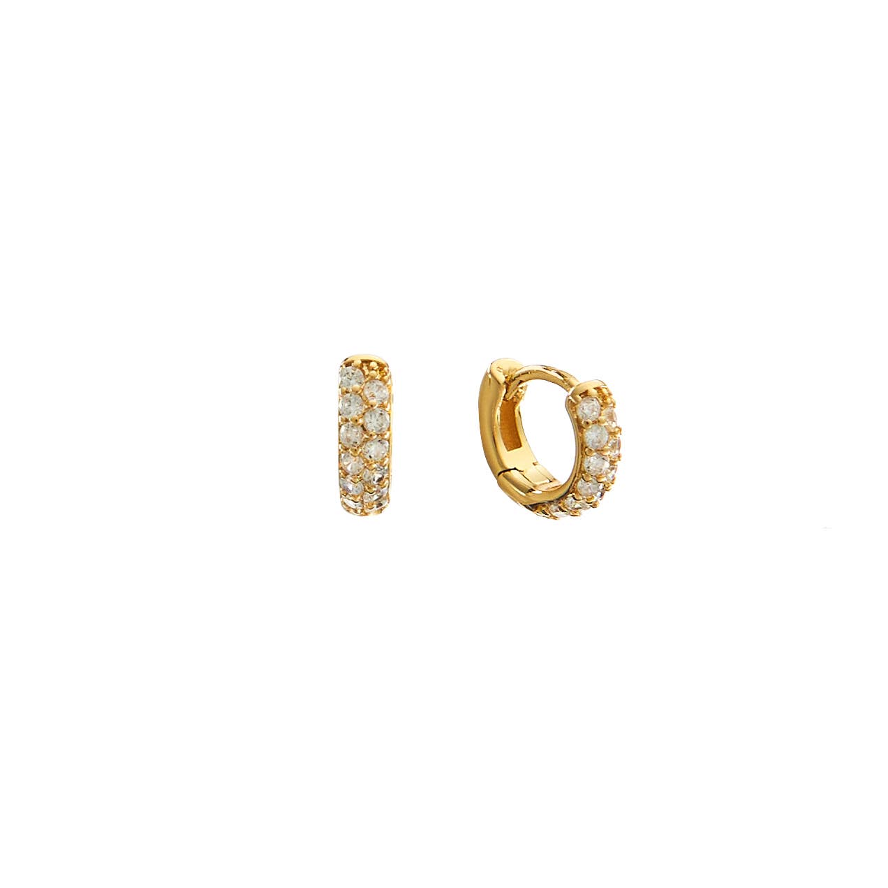 Small gold huggie earrings with white crystal accents.