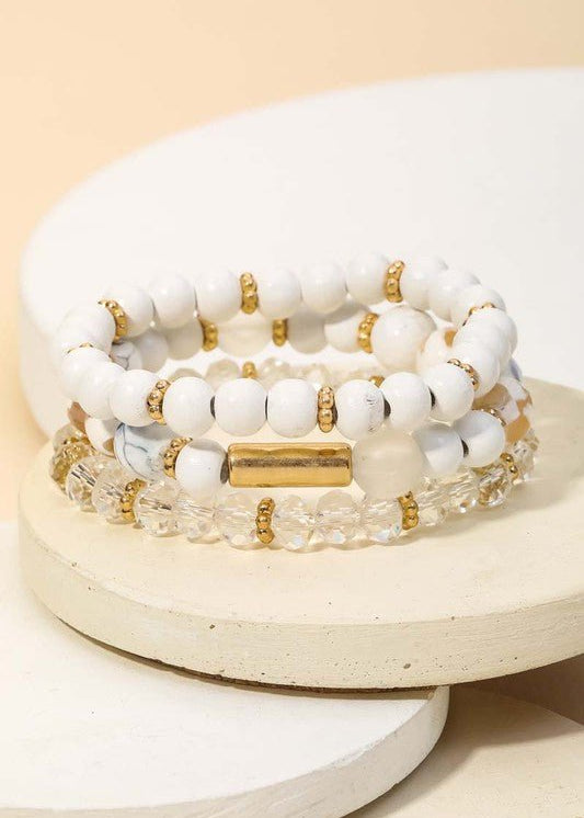 Gold Bar and White Stackable Bracelet Set - The Pink Pineapple 850
