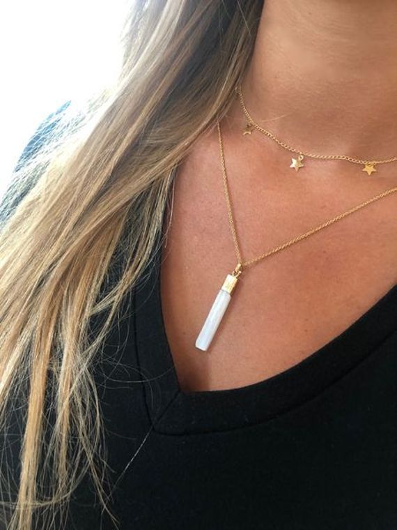 Long White Gemstone Bar Necklace