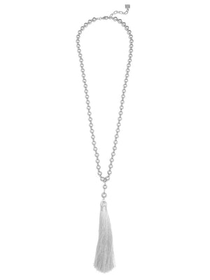 Metallic Matte Beaded Necklace With Tassel-Silver