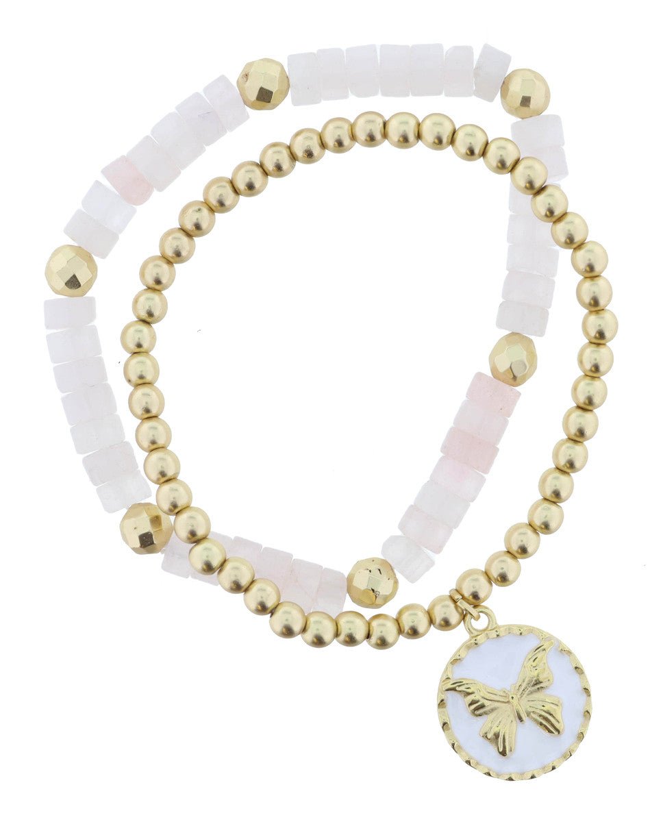 Rose Quartz Gold Beaded Butterfly Bracelet Set - The Pink Pineapple 850