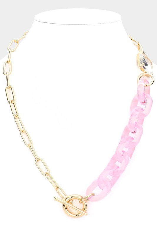 Square Stone Open Oval Resin Link Toggle Necklace - Pink - The Pink Pineapple 850